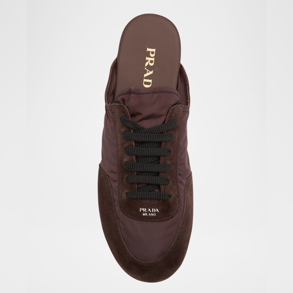 Prada Collapse Nylon and Suede Open-Back Brown/Cafe Sneakers - Picture 1 of 13